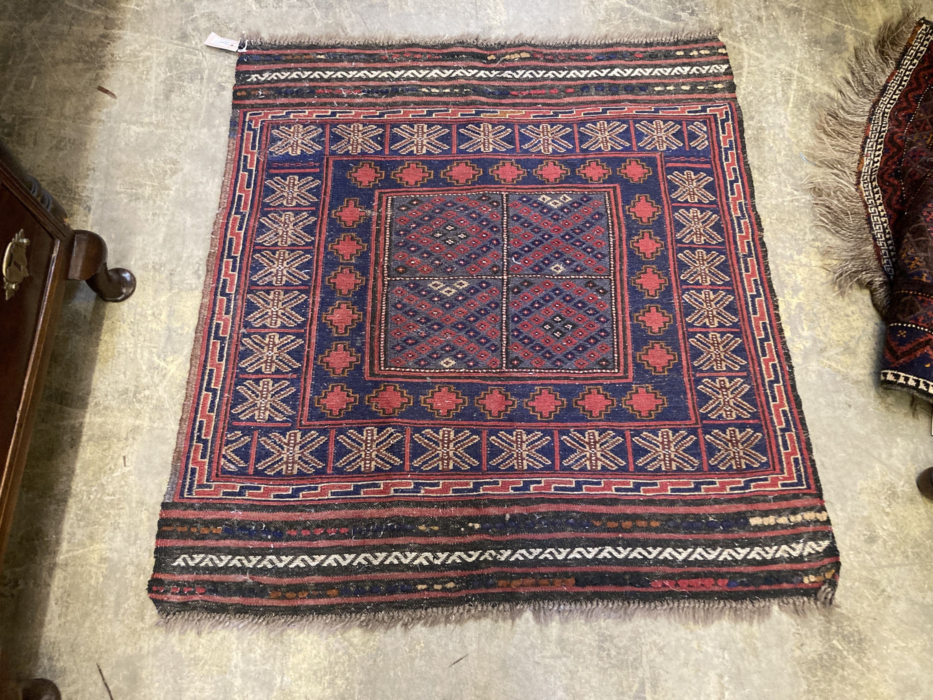Two small Belouchi red ground rugs and two Kilim style rugs, 112 x 92.5cm and similar